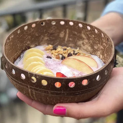 2 Tone Punched Coconut Bowl Set -(1 Bowl & wooden spoon) Handcrafted Eco-Friendly Serving Bowls