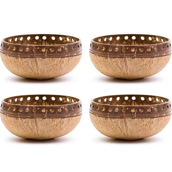 2 Tone Punched Coconut Bowl Set -(1 Bowl & wooden spoon) Handcrafted Eco-Friendly Serving Bowls