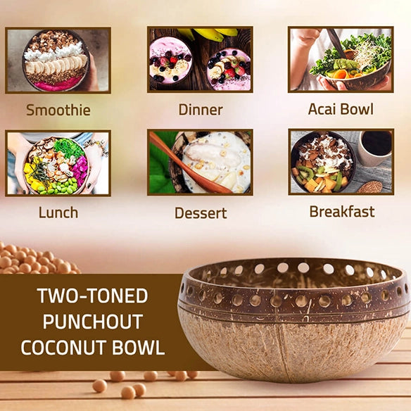 2 Tone Punched Coconut Bowl Set -(1 Bowl & wooden spoon) Handcrafted Eco-Friendly Serving Bowls