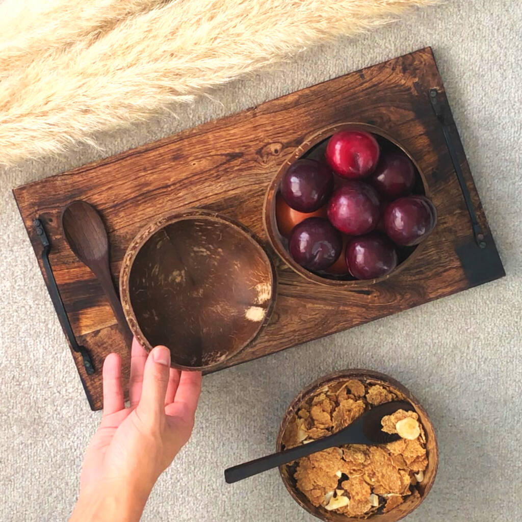 Natural Coconut Bowl - Geometric Design(1 Bowl & 1 Wooden Spoon),Sustainable and Handcrafted Eco-Friendly Tableware