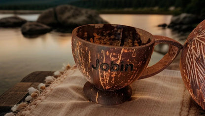 Eco-Friendly Coconut Shell Tea Cup Gift Set with Custom Name Engraving